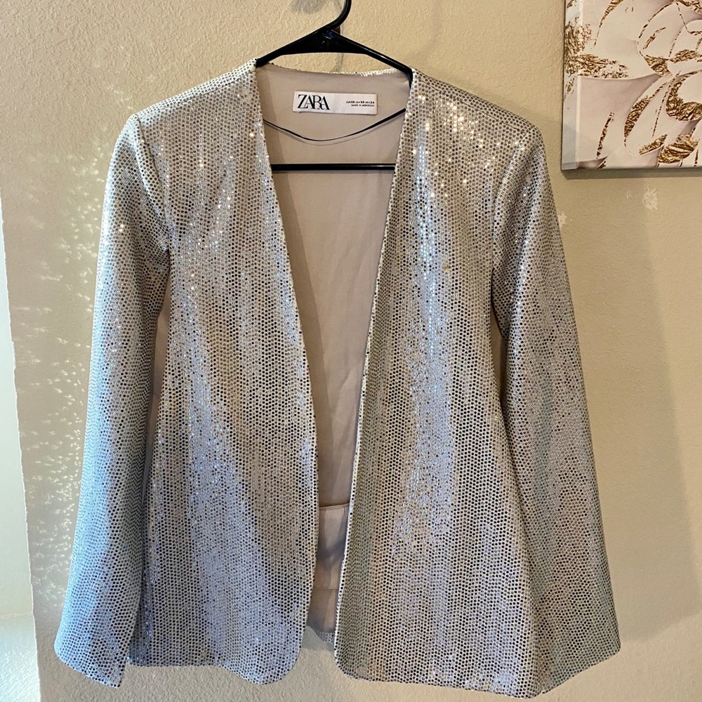 Zara Silver Sequin Blazer Jacket